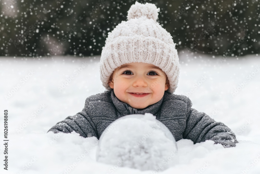 A cheerful child in a warm winter coat and knitted hat, playing in the snow and smiling, surrounded by falling snowflakes. A cheerful child in a warm winter coat and knitted hat, playing in the snow and smiling, surrounded by falling snowflakes.