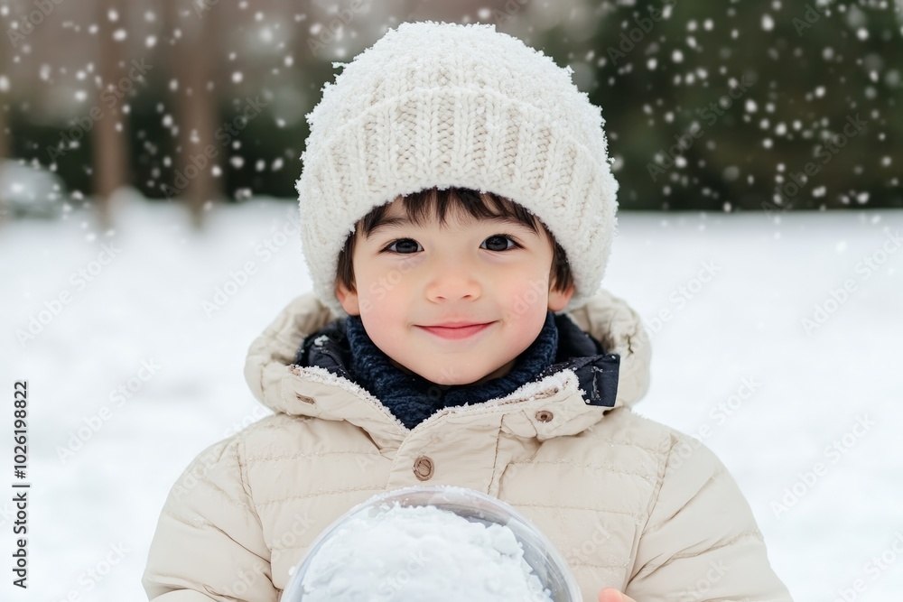 A cheerful child in a warm winter coat and knitted hat, playing in the snow and smiling, surrounded by falling snowflakes. A cheerful child in a warm winter coat and knitted hat, playing in the snow and smiling, surrounded by falling snowflakes.