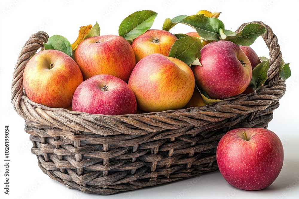 A basket of freshly picked apples isolated on white background. A basket of freshly picked apples isolated on white background.