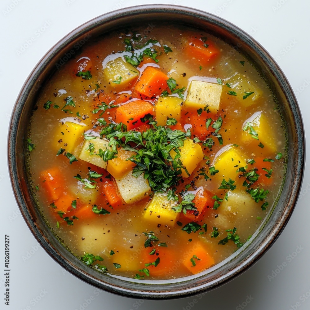 Bowl of vegetable soup garnished with herbs Bowl of vegetable soup garnished with herbs