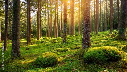 green pine forest with moss hummocks and old trees summer autumn local side view with light spots from sunlight photo