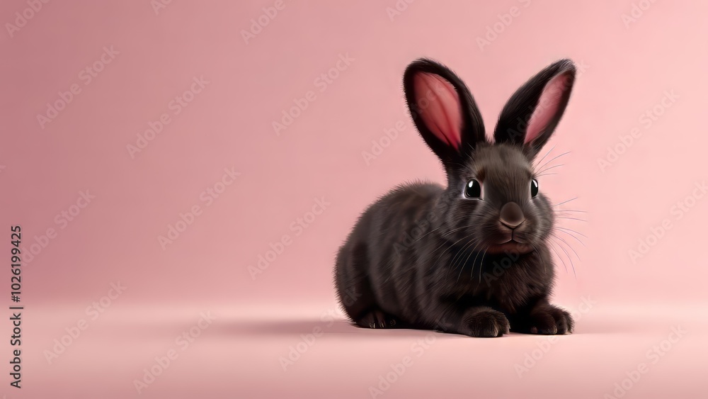 Obraz premium Black rabbit on a pink background, Cute Easter bunny