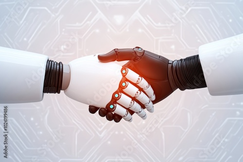 Two robot hands shaking in a futuristic environment, symbolizing cooperation, technology, and artificial intelligence. photo