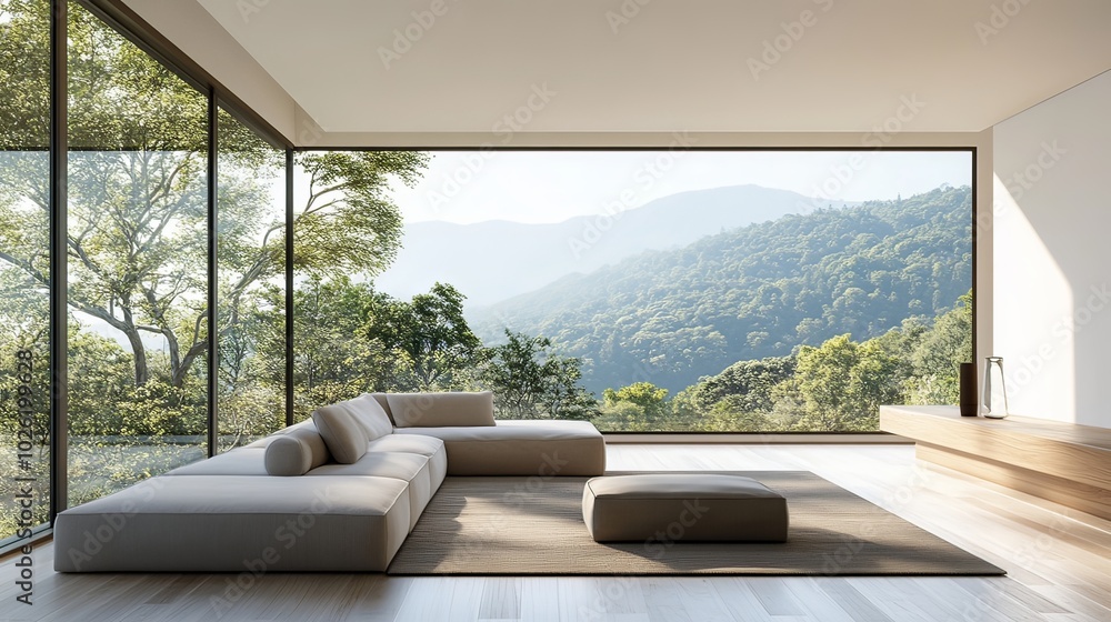 Fototapeta premium Minimalist office space with large windows and modern decor.