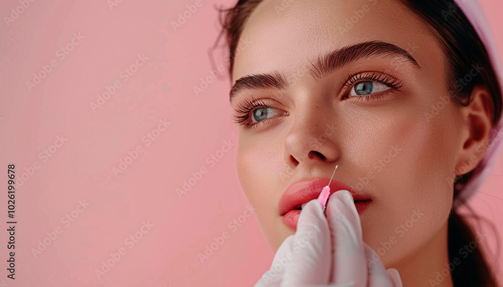 Young woman receiving a filler injection in her face Young woman receiving a filler injection in her face