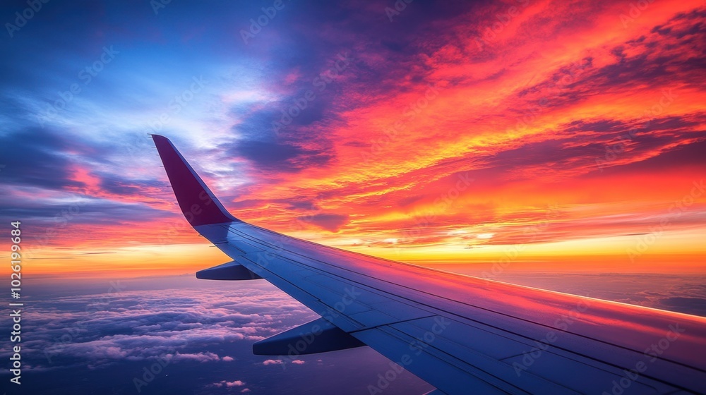 A captivating airplane window perspective featuring a wing and a breathtaking sunset, with a dramatic sky painted in hues of orange, pink, and purple A captivating airplane window perspective featuring a wing and a breathtaking sunset, with a dramatic sky painted in hues of orange, pink, and purple
