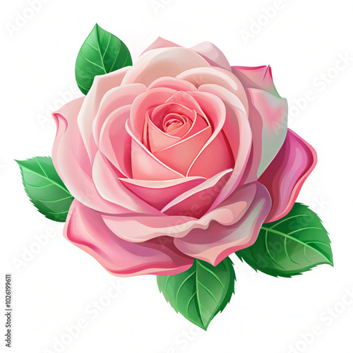  Realistic pink rose with green leaves, romantic floral illustration