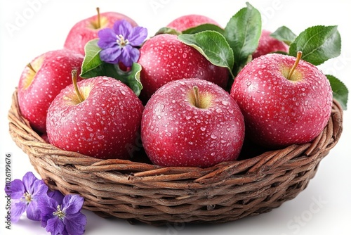 A basket of freshly picked apples isolated on white background. 