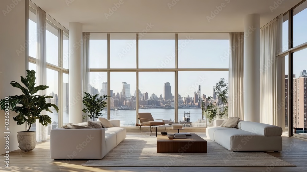 Fototapeta premium Minimalist office space with large windows and modern decor.