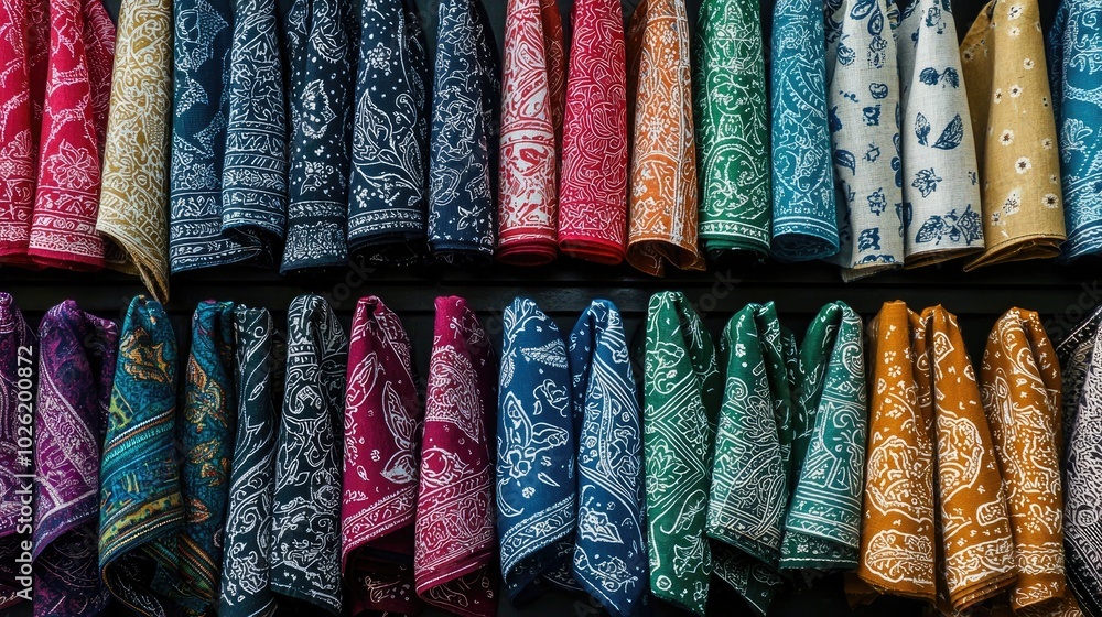 A collection of bandanas in various colors and patterns, neatly arranged in a display. A collection of bandanas in various colors and patterns, neatly arranged in a display.