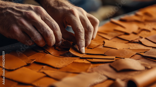 Craftsman assembling leather pieces with skill and precision.