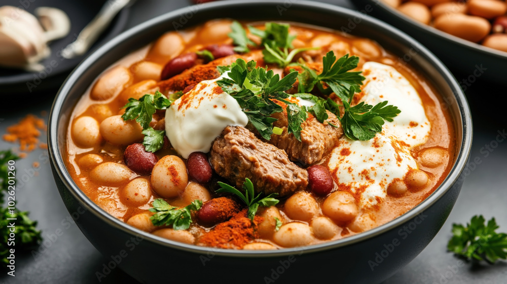 Black bowl filled with chili con carne containing kidney and white beans, ground meat, sour cream, and garnished with parsley on a dark surface. Black bowl filled with chili con carne containing kidney and white beans, ground meat, sour cream, and garnished with parsley on a dark surface.