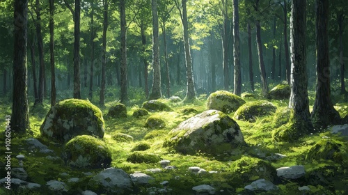 Sunlit Forest Floor with Moss-Covered Rocks