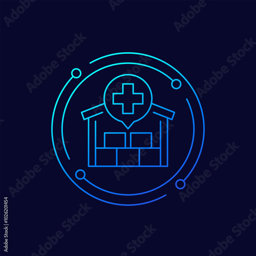 humanitarian aid icon with warehouse, linear design