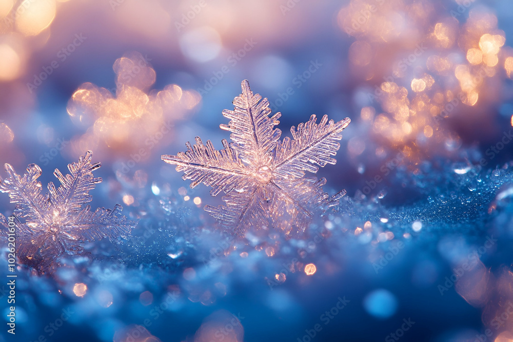 A snowflake is on top of a blue surface. The snowflake is surrounded by other snowflakes, creating a beautiful and serene scene. The blue color of the surface A snowflake is on top of a blue surface. The snowflake is surrounded by other snowflakes, creating a beautiful and serene scene. The blue color of the surface