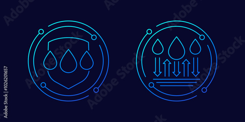 waterproof, water resistant icons with a shield, linear design