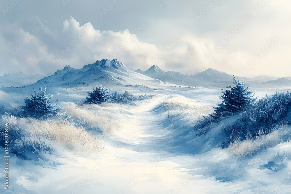 Obraz premium A painting of a snowy landscape with a path leading through it. The mountains in the background are covered in snow and the trees are bare. The mood of the painting is serene and peaceful