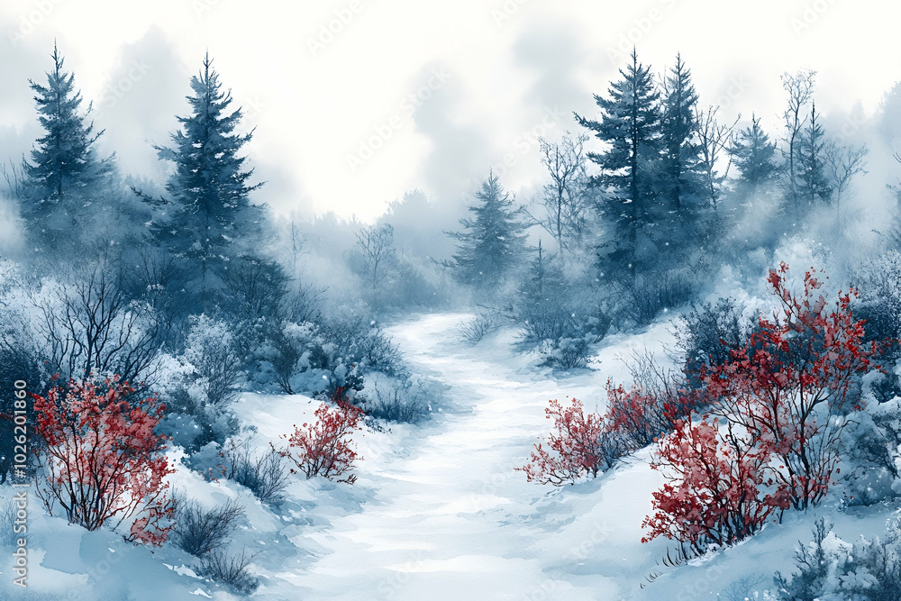 custom made wallpaper toronto digitalA snowy forest with a path through it. The trees are bare and the snow is deep