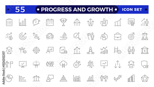 Progress and Growth icon set. Containing performance, gain, improvement, grow, chart, increase, evolution and development icons. Outline icon collection.