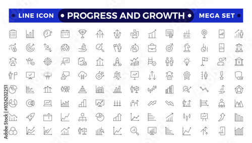 Progress and Growth icon set. Containing performance, gain, improvement, grow, chart, increase, evolution and development icons. Outline icon collection.
