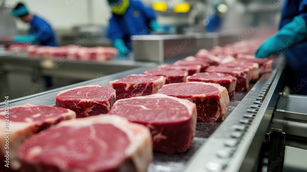 A conveyor belt carrying freshly cut steaks towards the packaging area in a meat processing plant, with workers in protective gear in the background. A conveyor belt carrying freshly cut steaks towards the packaging area in a meat processing plant, with workers in protective gear in the background.