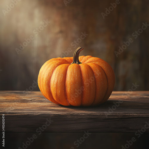 Orange pumpkin on a rustic wooden table. The pumpkin has a smooth, vibrant orange skin with natural imperfections and shadows, background is softly blurred photo