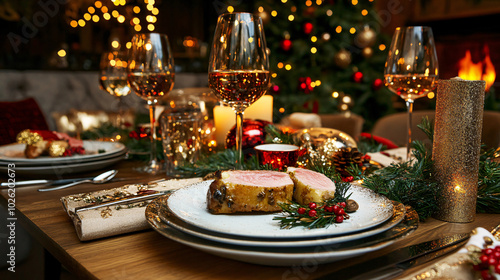 beautifully set dining table for festive holiday meal, featuring delicious roast, elegant glassware, and warm, inviting atmosphere with decorated Christmas tree in background