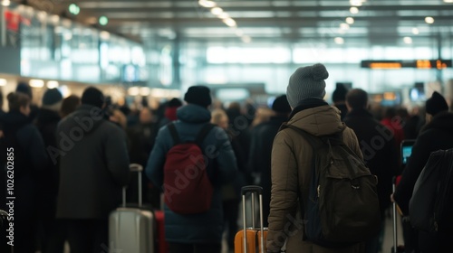 A crowded airport terminal filled with passengers lined up at check-in, dressed in warm clothing and carrying luggage, showcasing the anticipation of travel.