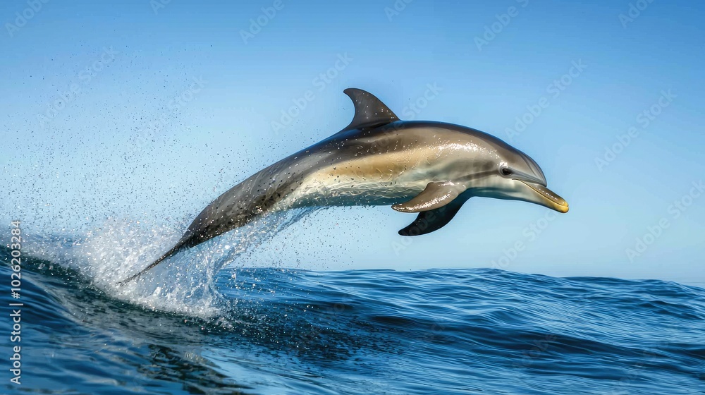 A dolphin leaping out of the water against a clear blue sky A dolphin leaping out of the water against a clear blue sky