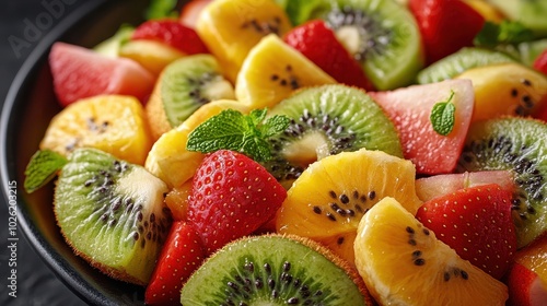 Freshly cut kiwis, juicy orange segments, and purple grapes or berries create a vibrant circular fruit salad arrangement in a black bowl, garnished with dried mint leaves. photo