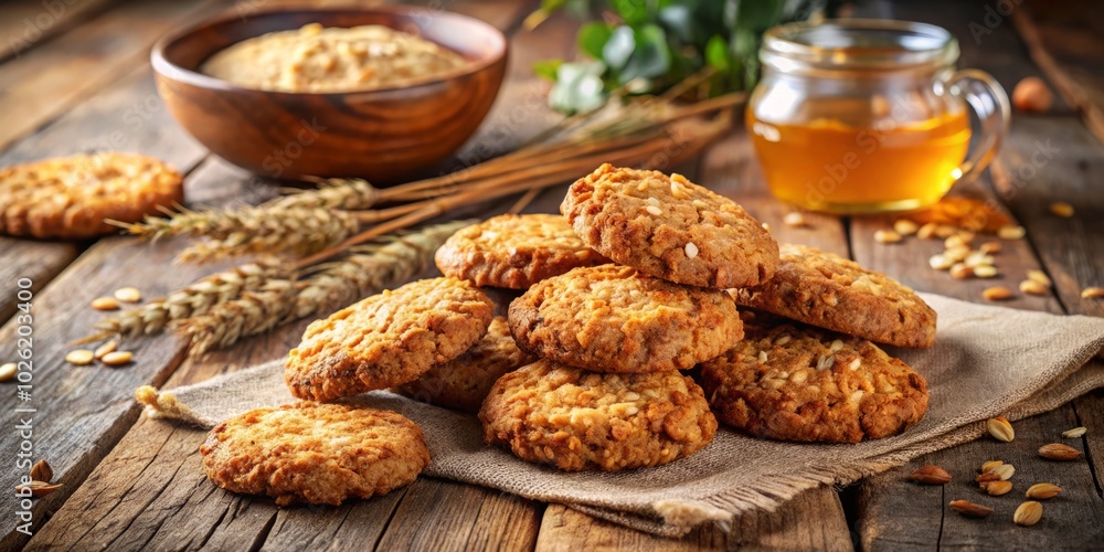 Charming tilt-shift photography showcases Australian Anzac biscuits, perfectly arranged in a cozy kitchen setting, capturing warmth and nostalgia of homemade delights and comforting moments. Charming tilt-shift photography showcases Australian Anzac biscuits, perfectly arranged in a cozy kitchen setting, capturing warmth and nostalgia of homemade delights and comforting moments.