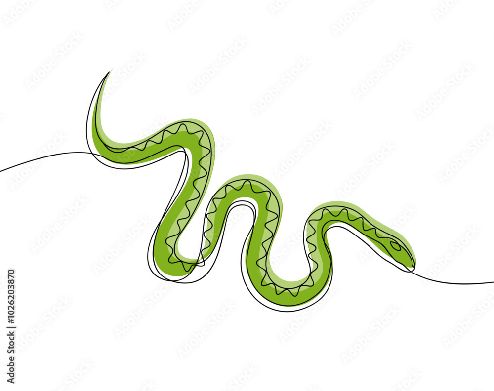 Continuous line drawing of crawling poisonous snake. Minimalist black linear sketch isolated on white background. Hand drawn vector illustration. Continuous line drawing of crawling poisonous snake. Minimalist black linear sketch isolated on white background. Hand drawn vector illustration.