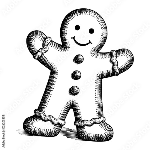 Gingerbread Cookie Waving Hand in Fun Black and White Outline Line Art Drawing Illustration