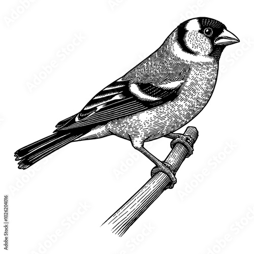 Goldfinch Bird on Branch in Detailed Black and White Outline Line Art Drawing Illustration
