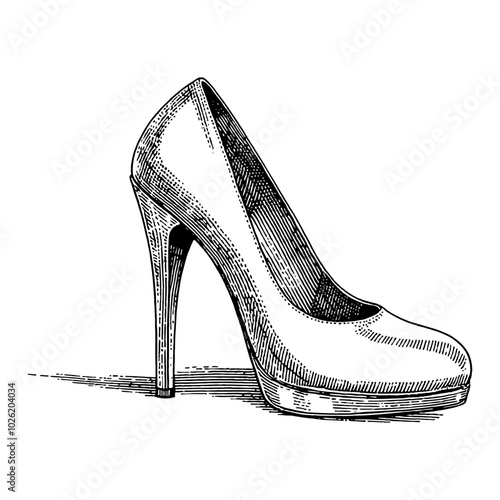 High Heel Shoe in Elegant Black and White Outline Line Art Drawing with Detailed Design