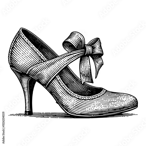 High Heels Shoe with Bow in Detailed Black and White Outline Line Art Drawing Style Illustration