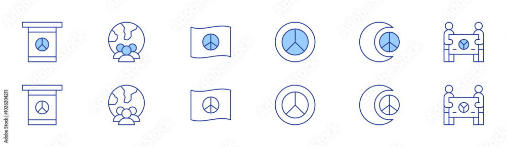 Peace icon set in two styles, Duotone and Thin Line style. Editable stroke. peace in society, dove, freedom rights, peace flag, social harmony Peace icon set in two styles, Duotone and Thin Line style. Editable stroke. peace in society, dove, freedom rights, peace flag, social harmony