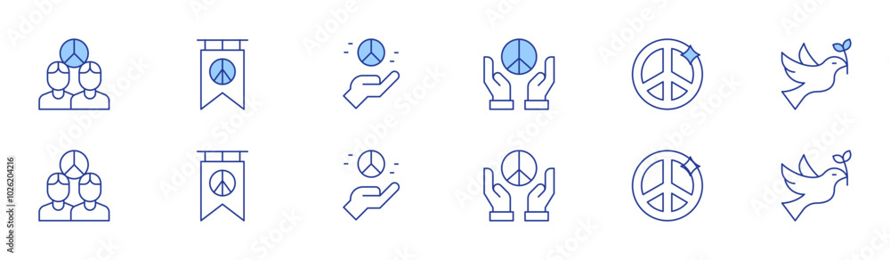 Peace icon set in two styles, Duotone and Thin Line style. Editable stroke. peace symbols, freedom of thought, dove imagery, peace flag, international harmony Peace icon set in two styles, Duotone and Thin Line style. Editable stroke. peace symbols, freedom of thought, dove imagery, peace flag, international harmony