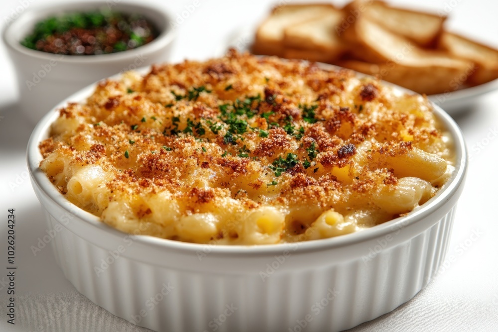 A serving of mac and cheese with breadcrumbs isolated on white background. A serving of mac and cheese with breadcrumbs isolated on white background.