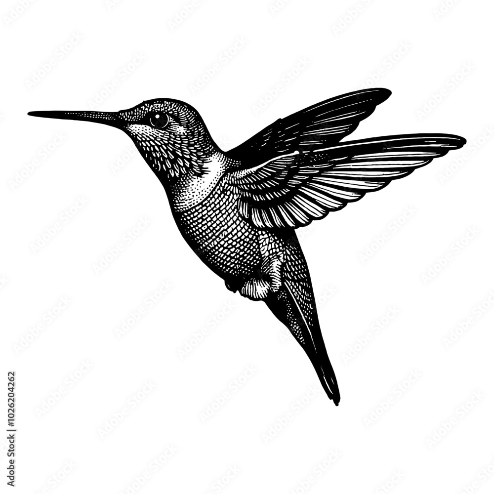 Fototapeta premium Hummingbird in Detailed Side View Black and White Outline Line Art Drawing Illustration