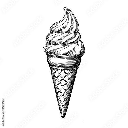 Ice Cream Cone in Vintage Black and White Outline Line Art Drawing with Detailed Texture