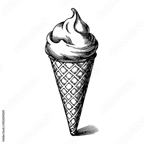 Ice Cream Cone in Vintage Black and White Outline Line Art Drawing with Detailed Texture