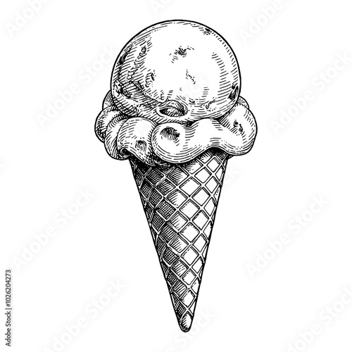 Ice Cream Cone in Detailed Vintage Black and White Outline Line Art Drawing Style
