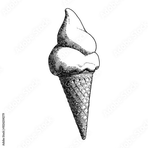 Ice Cream Cone Detailed Black and White Outline Line Art Drawing with Vintage Style Sketch