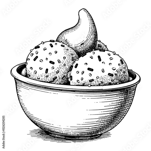 Ice Cream in Bowl with Sprinkles Black and White Outline Line Art Drawing Detailed Illustration