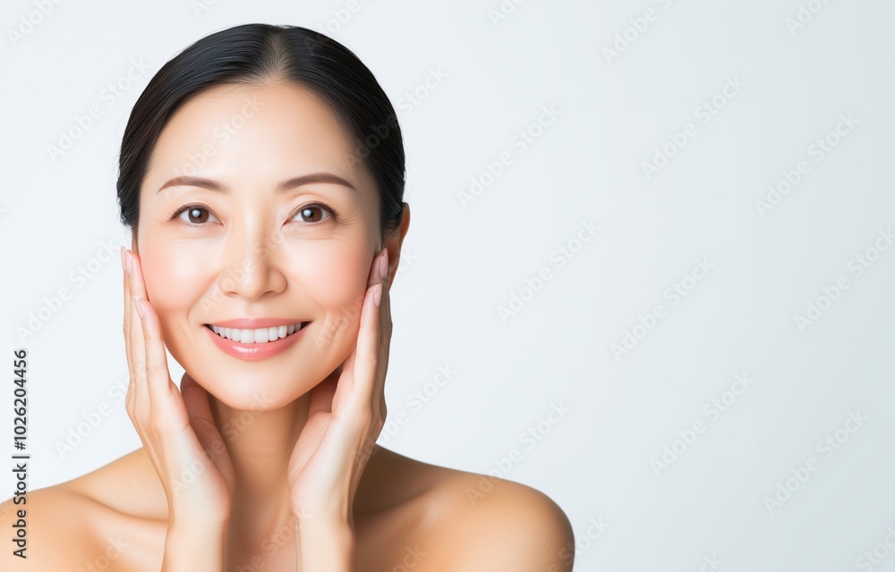 A beautiful Japanese woman in her 40s with her hair tied back, smiling and gently touching her face, skin care concept A beautiful Japanese woman in her 40s with her hair tied back, smiling and gently touching her face, skin care concept