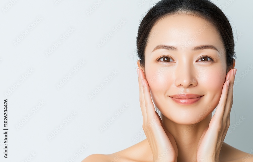 A beautiful Japanese woman in her 40s with her hair tied back, smiling and gently touching her face, skin care concept A beautiful Japanese woman in her 40s with her hair tied back, smiling and gently touching her face, skin care concept