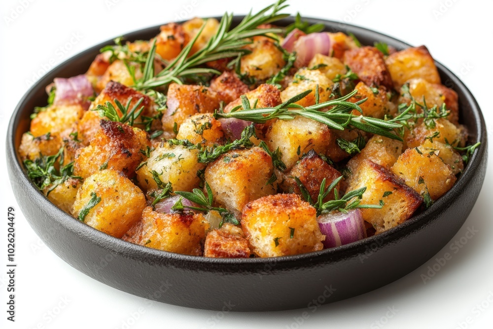 A serving of stuffing with herbs isolated on white background. A serving of stuffing with herbs isolated on white background.