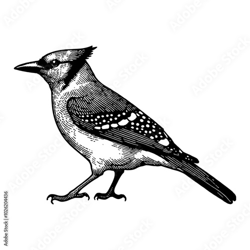 Blue Jay Bird Side View in Detailed Black and White Outline Line Art Drawing