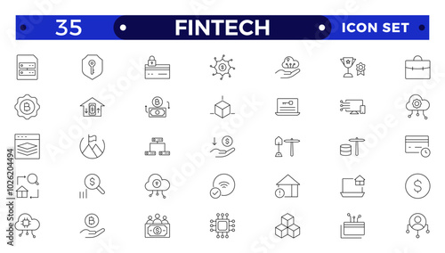 Fintech outline icon set. Containing digital banking, cryptocurrency, mobile payment, regtech, blockchain, robo-advisors, financial services and more.